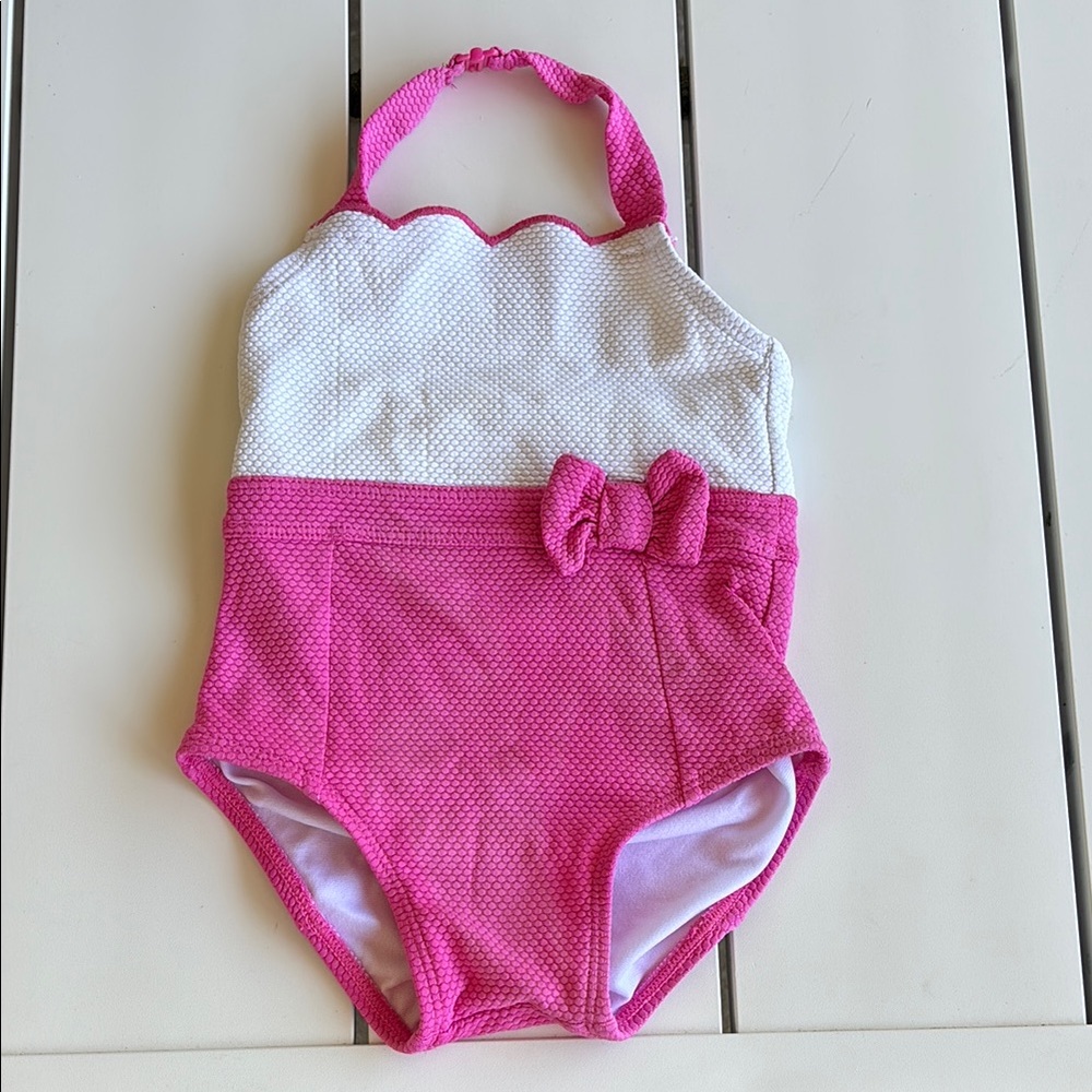 Janie and Jack Pink and White One Piece Swimsuit with Bow